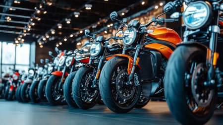 A Collection of New Motorcycles on Display in a Modern Retail Showroom, Gleaming and Invitingの素材