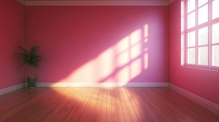 A minimalist room featuring a purple wall and sunlight illuminating through a window with a plant.の素材