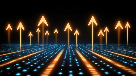 Abstract Data Flow Visualization with Yellow Upward Arrows on Dotted Grids Connecting Data Pointsの素材