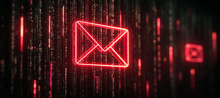 Glowing Envelope with Flowing Binary Code Representing Digital Fraud and Cybersecurity Awarenessの素材