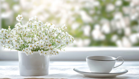 Elegant Still Life Featuring a Fresh Table with a Floral Teacup in a Bright, Inviting Kitchenの素材