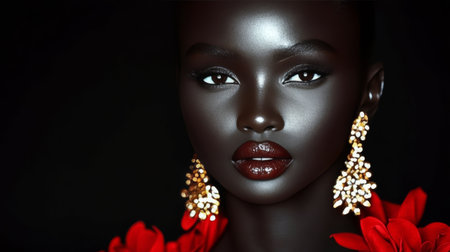 Elegant Black Beauty Fashion Portrait Stunning African Woman in Red Accessories and Jewelryの素材
