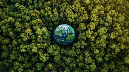 Earth Centered in Lush Green Canopy of Trees, Symbolizing Conservation and Climate Change Awarenessの素材