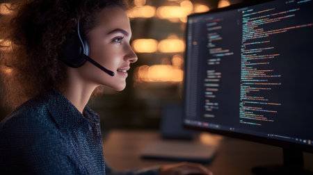 Young software engineer coding innovative tech solutions in a cozy home workspace environment.の素材