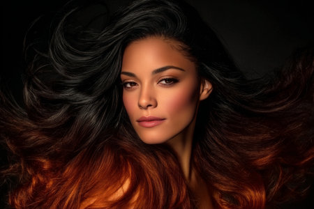 Brunette s Glossy Tresses Cascading, Capturing Radiant Color Hues and Fullness in Natural Beautyの素材