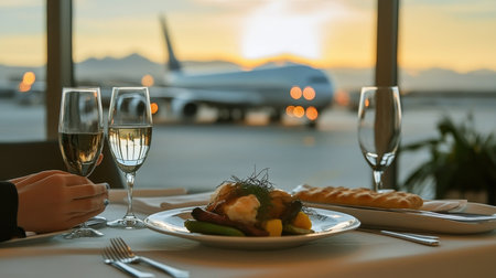 Elegant Dining Experience at the Airport Featuring Gourmet Cuisine for Travelers on the Goの素材