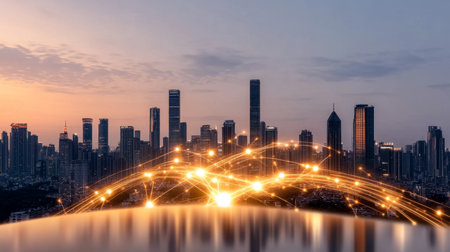The Future of Connectivity A Vibrant Digital Network Illuminates the Urban Skyline at Nightの素材