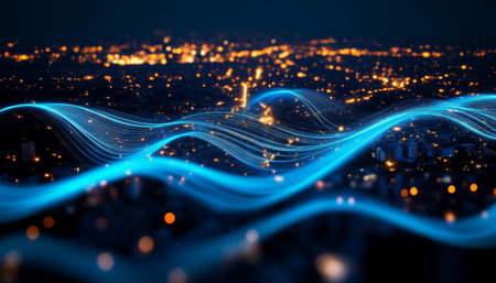 Futuristic Smart City with Glowing Infrastructure and Wireless Technology for Urban Livingの素材
