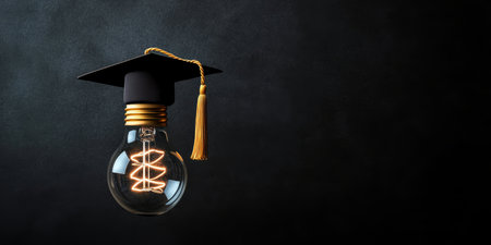Symbol of Enlightenment Bright Light Bulb with Graduation Cap Representing Wisdom and Creativityの素材