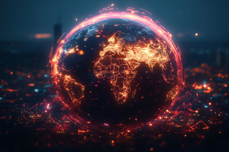 A Vividly Colorful Globe Surrounded by Dynamic Light Trails and Arrows on a Dark Backgroundの素材