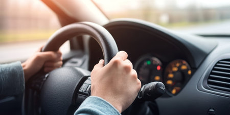Grasping Automobile Steering Mechanism. Driving Car with Determination,. Transportation, Safety.の素材