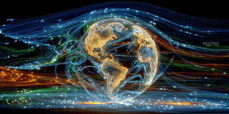 Digital Earth Connection Visualizing Data Flow in the Futuristic Globe Network Connectivity Systemの素材