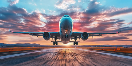 Breathtaking Aerial View of a Modern Jet Taking Off Against a Dramatic Sunset Sky, Aviation Delightの素材