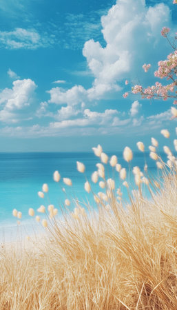Breathtaking Coastal Scene with Golden Grass, Clear Blue Sky, and Gentle Ocean Waves at Sunsetの素材
