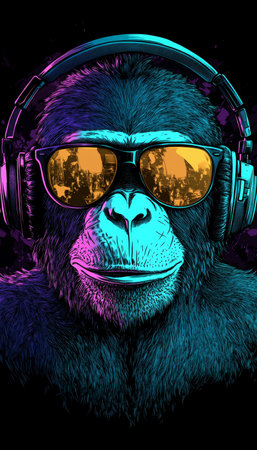 Cool Gorilla Wearing Headphones and Sunglasses, Neon Colors Create a Vibrant Music Theme Portraitの素材