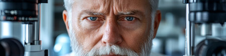 Gray Haired Senior Man Undergoing Eye Examination with Advanced Slit Lamp Equipment at Clinicの素材