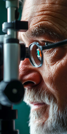 Detailed Senior Vision Examination with Slit Lamp for Elderly Man, Comprehensive Eye Checkup Processの素材