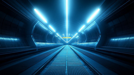 Futuristic Subway Station with Cool Blue Neon Lights, Empty Underground Perspective in Metro Designの素材