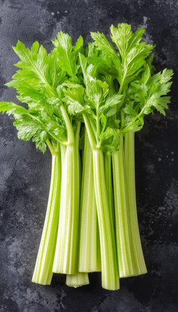 Fresh Green Celery Stalks with Water Drops on a Wooden Table, Healthy Vegetable for Saladsの素材