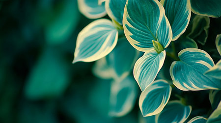 Delicate Hosta Leaves in Jade and Cream Colors, Set Against a Lush Garden Background with Spaceの素材