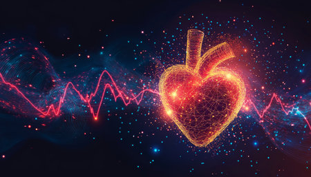 Glowing heart design with electrocardiogram, symbolizing health and medical science innovations.の素材