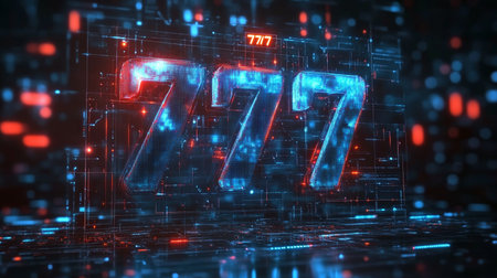Triple Sevens Jackpot Glowing Numbers with Winning Concept in a Futuristic Digital Backgroundの素材