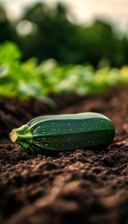 Freshly Harvested Zucchini Resting on Fertile Soil, a Symbol of Organic Gardening and Healthy Eatingの素材