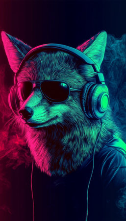Colorful Neon DJ Fox Cartoon Character with Headphones and Spectacles Enjoying Cool Music Partyの素材