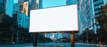Large blank billboard in busy city center, perfect for outdoor advertising mockup with traffic flowの素材