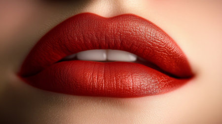 Elegant Woman with Vivid Ruby Red Lips, Symmetrical Features, and Glamorous Expression in Focusの素材