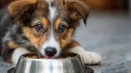 Cute Tricolor Puppy Happily Eating from Metal Bowl, Enjoying Delicious Kibble Meal Time Delightの素材