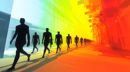 Abstract Journey Silhouette Figures Walking Through a Futuristic Tunnel with Neon Lights and Linesの素材