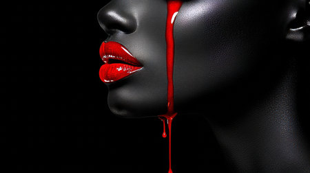 Dramatic Beauty Close-Up of a Dark-Skinned Woman with Vivid Red Lips and Cascading Liquid Artistryの素材