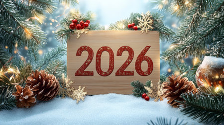 Festive 2026 New Year s Celebration Backdrop with Sparkling Spruce Branches and Snowy Sceneの素材