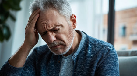 Elderly man with headache feeling unwell, rubs temples in pain, seeking relief from stress indoorsの素材