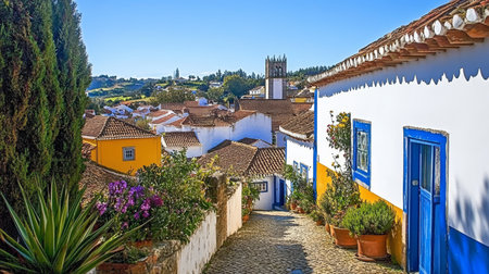 Charming Street View of bidos, Portugal Medieval Architecture and Cobblestone Pathways to Exploreの素材
