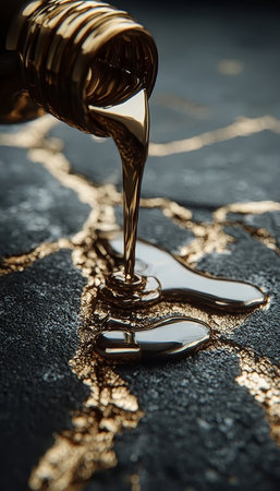 A Stunning Scene of Molten Gold Cascading Over Fractured Black Rock with Shimmering Veins of Lightの素材