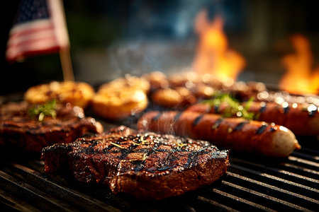 Grilling Delights for a Patriotic Celebration Sizzling Steaks, Sausages, and American Flag Backdropの素材