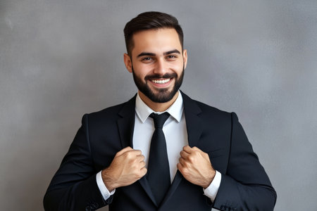 Confident Businessman in Elegant Suit Exudes Leadership Qualities Against a Grey Backgroundの素材