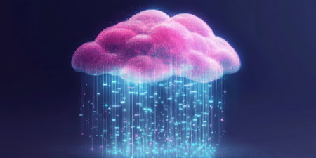 Futuristic Cloud Technology Emitting Bright Light Rain While Connecting Digital Information Streamsの素材