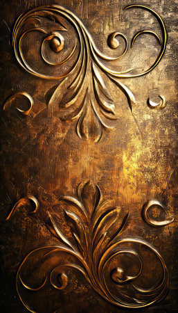 Elegant Vintage Metal Background with Floral Embossing and Golden Sepia Tones for Artistic Designの素材