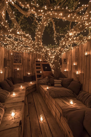 Twilight Tranquility Rustic Gathering Space with Elegant Wood Furnishings and Warm Lightの素材