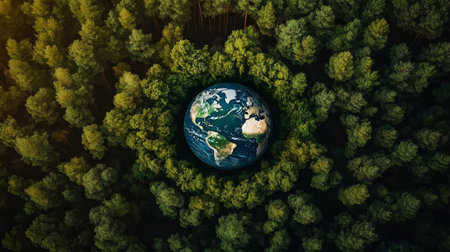 Aerial View of Lush Green Forest Canopy Surrounding Earth, Symbolizing Environmental Careの素材