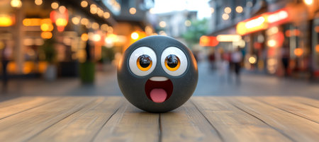 Charming Digital Gray Emoji Icon on Wooden Planks with Playful Expression for Modern Communicationの素材