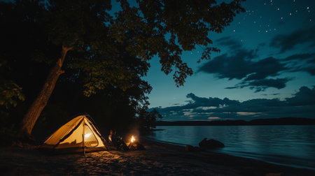 Serene Night Camping Experience at the Lake with a Starry Sky, Lanterns, and a Cozy Tent Setupの素材