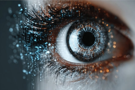 Futuristic AI Eye with Digital Data Matrix Overlay for Enhanced Security and Surveillance Systemsの素材