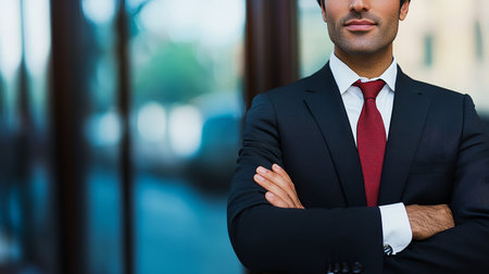 Confident young businessman in professional attire poses in modern office, embodying ambition.の素材