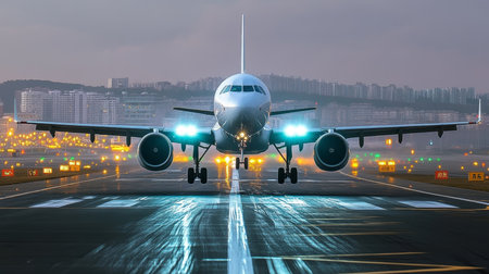 A modern airplane takes off into a colorful sunset, highlighting the beauty of flight and travel.の素材