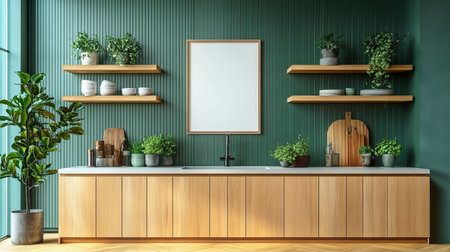 Modern Botanical Minimalist Kitchen Design Featuring Wooden Floating Shelves with Accent Plantsの素材