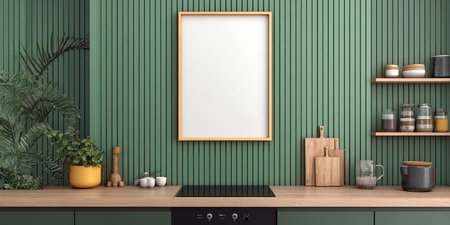 Elegant Green Kitchen Frame Presentation Featuring Slatted Wall Decor and Lush Houseplants Displayの素材